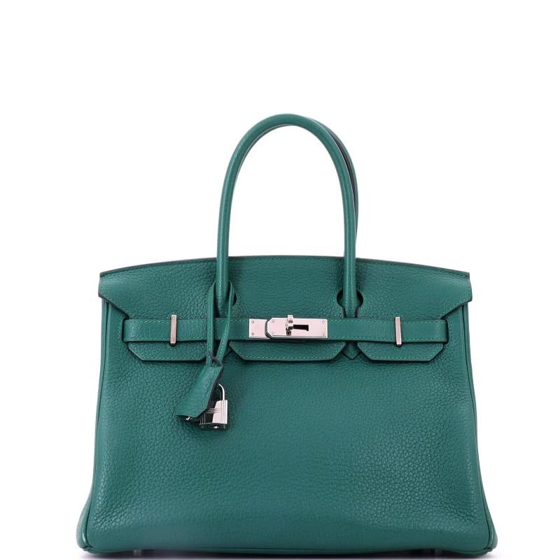 Hermes Birkin Handbag Green Clemence with Palladium Hardware 30: Accessories: Clochette, Lock, Keys Measurements: Height 9", Width 12", Depth 6" . Condition: Pre-owned - Good,Brand: Hermes,Exterior Material: Leather,Style: Top Handle,Exterior Color: Green,Departmen