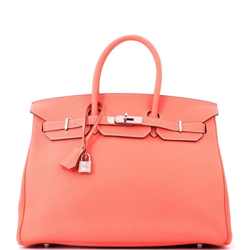 Hermes Birkin Handbag Pink Clemence with Palladium Hardware 35: Accessories: Lock, Clochette, Keys Measurements: Height 10", Width 13.5", Depth 7". Condition: Pre-owned - Good,Brand: Hermes,Exterior Material: Leather,Style: Totes,Exterior Color: Pink,Department: