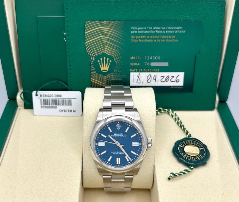 2026 NEW Rolex Oyster Perpetual 134300 41mm Med Blue Dial Steel Box Papers: Condition: New with box and papers: This item is brand new and has never been worn. It still has the original packaging. ,Bezel Color: Silver,Year Manufactured: 2026,Band/Strap: Rolex Oyster,Case Colo