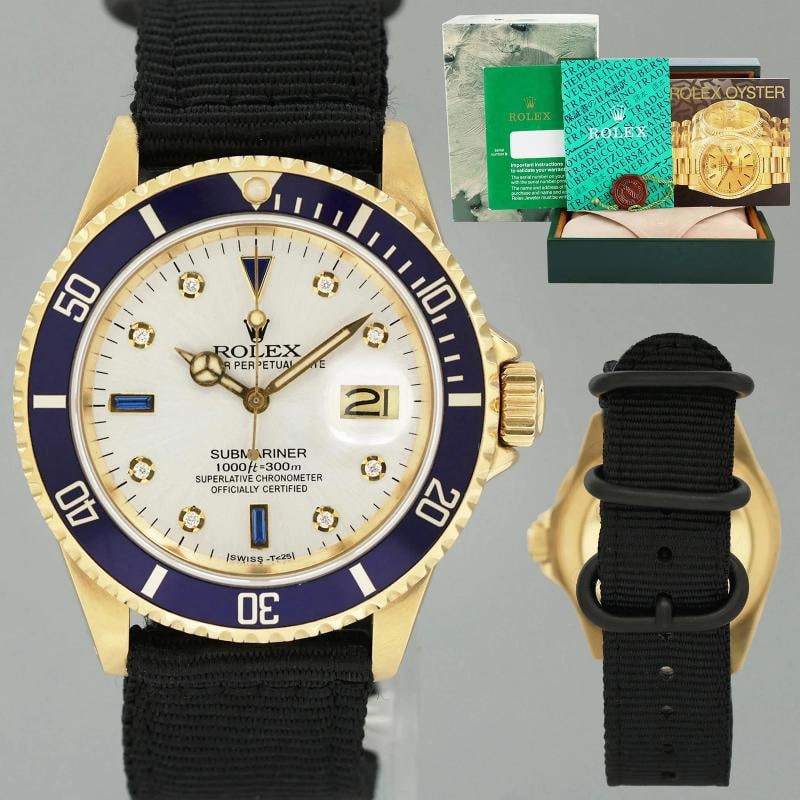 Rolex Submariner Silver Diamond Dial 16808 Oyster Yellow Gold 40mm Watch Box: Condition: Pre-owned - Excellent,Brand: Rolex,Department: Unisex Adults,Type: Wristwatch,Model: Submariner,Reference Number: 16808,With Original Box/Packaging: Yes,With Papers: No,Customized: