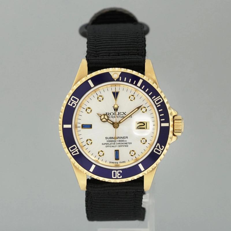 Rolex Submariner Silver Diamond Dial 16808 Oyster Yellow Gold 40mm Watch Box - 2