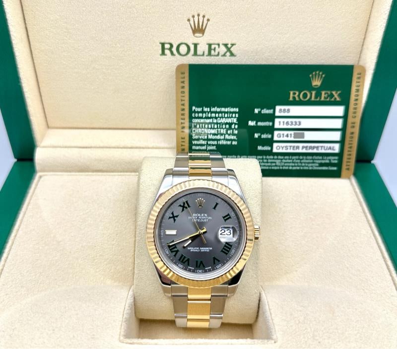 Rolex Datejust II 116333 41mm Slate Wimbledon Dial 18K Gold Steel Box Paper: Condition: Pre-owned - Good,Bezel Color: Gold, Yellow,Indices: Roman Numerals,Year Manufactured: 2010-2019,Band/Strap: Rolex Oyster,Case Color: Silver,Department: Men,Bezel Type: Fluted,Watch Shape: R