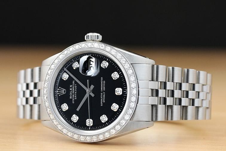 MENS ROLEX DATEJUST 1603 BLACK DIAL 18K WHITE GOLD DIAMOND STAINLESS STEEL WATCH - 2