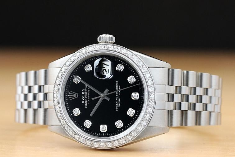 MENS ROLEX DATEJUST 1603 BLACK DIAL 18K WHITE GOLD DIAMOND STAINLESS STEEL WATCH - 3