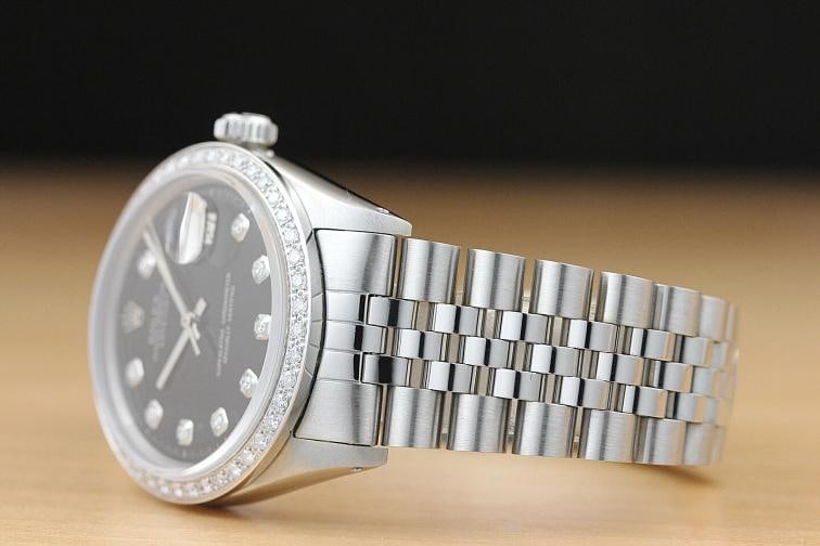 MENS ROLEX DATEJUST 1603 BLACK DIAL 18K WHITE GOLD DIAMOND STAINLESS STEEL WATCH - 4