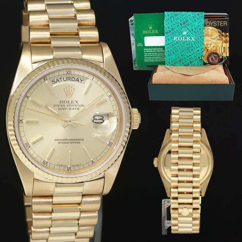 1991 MINT Rolex 18238 President Day-Date Champagne Double Quickset Yellow Gold: Case & Dial Case Material: Rolex Yellow Gold Case Size: 36mm Bezel: Rolex Yellow Gold Fluted Crystal: Rolex Sapphire Dial: Rolex Champagne Stick Movement & Bracelet Movement: Rolex Automatic double-qu