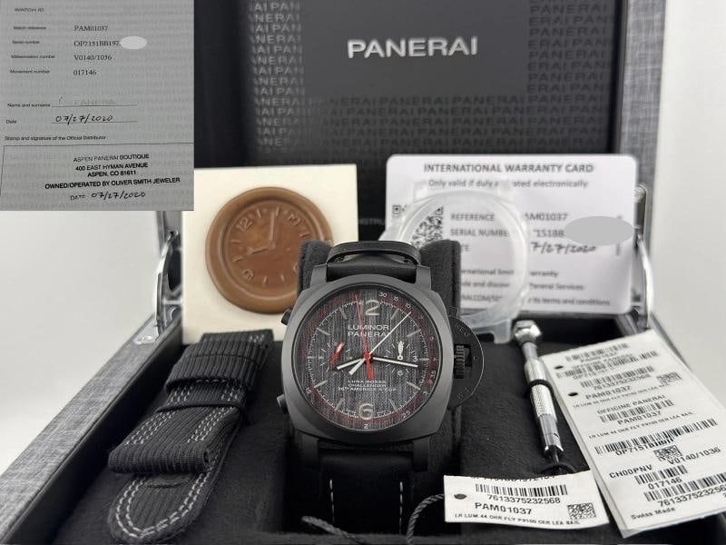 Panerai Luminor Luna Rossa Flyback PAM01037 PAM 1037 Black Ceramic Box Paper: Style Number: PAM01037 / PAM 1037 Year: 2020 Model: Panerai Luminor Luna Rossa Chrono Flyback Limited Edition Case Material: Black Ceramic Band: Leather Bezel: Black Ceramic Dial: Grey Crystal: