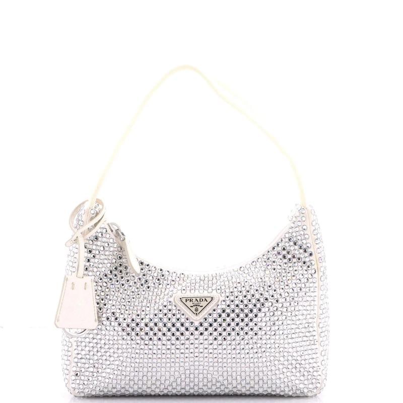 Prada Re-Edition 2000 Hobo Crystal Embellished Satin Mini: Accessories: Clochette Measurements: Handle Drop 7", Height 5", Width 8", Depth 2.5", Strap Drop None". Condition: Pre-owned - Good,Brand: Prada,Exterior Material: Crystal, Satin,Style: Hobos,Exterior