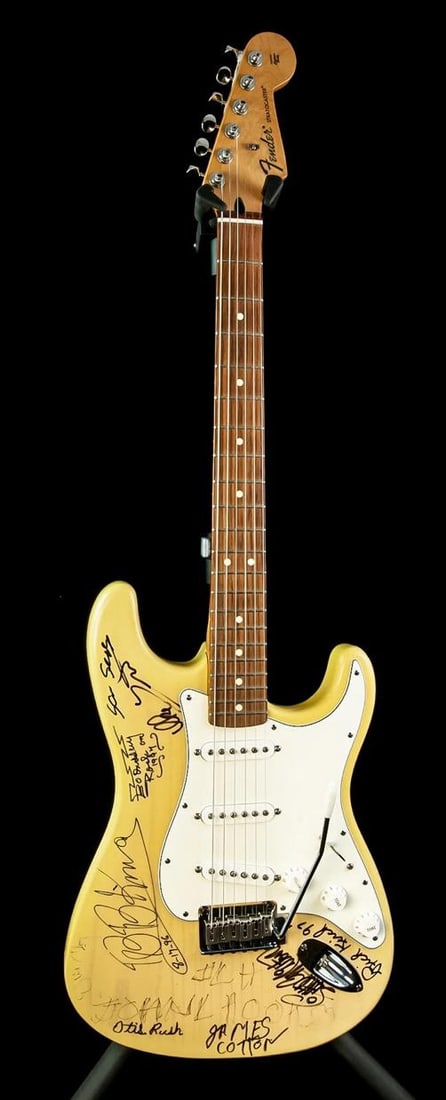 BLUES LEGENDS SIGNED FENDER GUITAR ~ 21 Signatures Including BB King (PSA LOA): Signed By BB King, Bo Diddley, Buddy Guy, Son Seals, Ike Turner, Rich Kirch, Little Milton, James Cotton, Otis Rush, John Lee Hooker, Otis Clay, Ko Ko Taylor, Billy Boy Arnold, Hubert Sumlin, Weepin