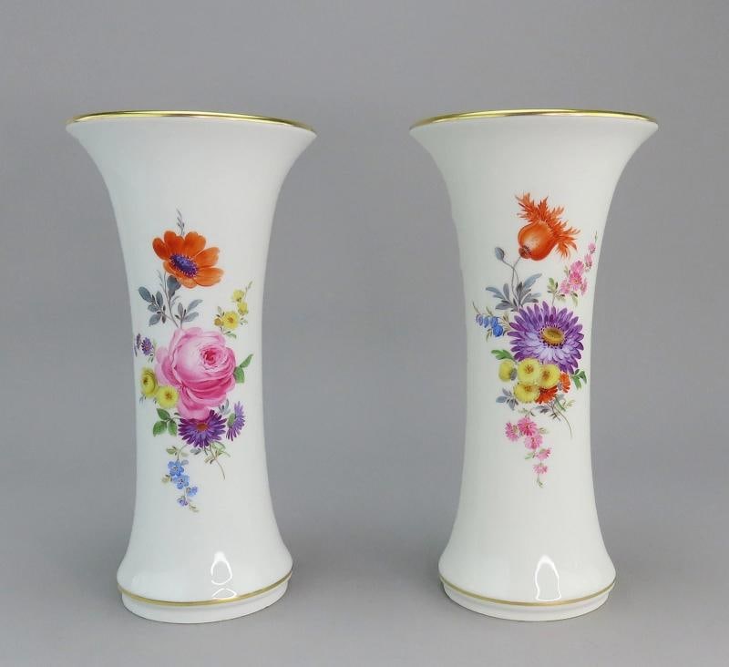 Lovely Pair Meissen Hand Painted Floral Flowers Gilt Rim Trumpet Vases: Condition: Used: An item that has been used previously. The item may have some signs of cosmetic wear, but is fully operational and functions as intended. This item may be a floor model or store
