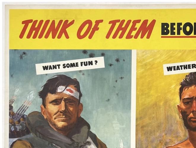 Original Vintage WWII Poster THINK OF THEM BEFORE YOU TAKE A DAY OFF War LINEN - 2