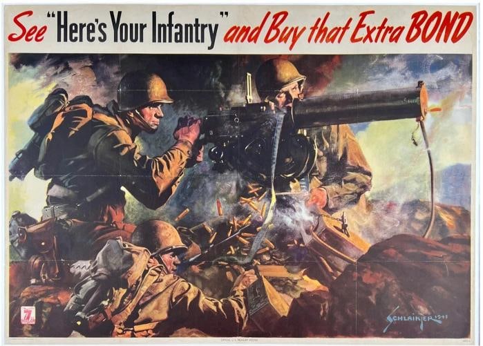 Original Vintage WWII Poster HERE'S YOUR INFANTRY - BUY THAT EXTRA BOND USA OL: Dimensions: 39.4 x 27.8 in. / 100 x 71.1 cm. Circa 1945 . Condition: Used,Conflict: WW II (1939-45),Theme: Militaria,Original/Reproduction: Original,Region of Origin: United States,Country of Origin: