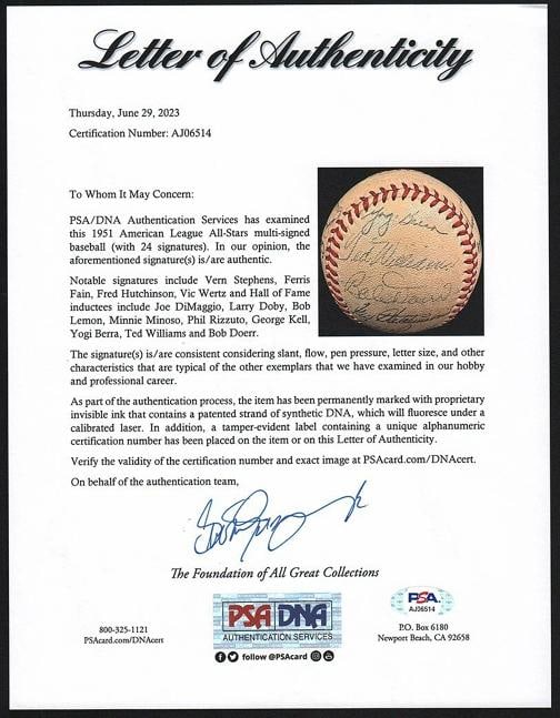 Joe Dimaggio Ted Williams 1951 All Star Game Team Signed Baseball PSA DNA COA - 3