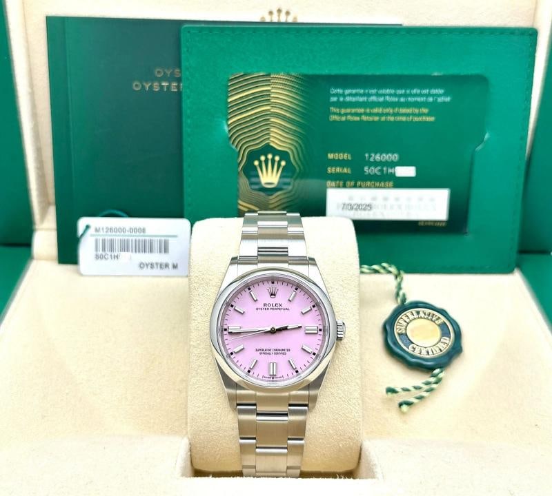 2025 Rolex Oyster Perpetual 126000 36mm Candy Pink Dial Steel Box Papers: Condition: Pre-owned - Good,Bezel Color: Silver,Year Manufactured: 2025,Band/Strap: Rolex Oyster,Case Color: Silver,Department: Unisex Adults,Manufacturer Warranty: 5 Years,Bezel Type: Smooth,Watch Sh