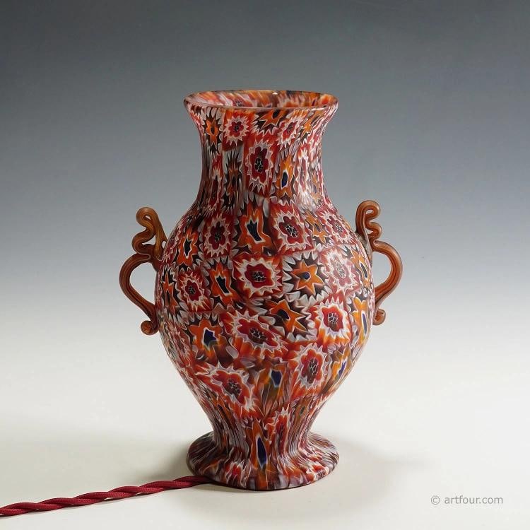 Antique Fratelli Toso Millefiori Lamp with Handles, Murano circa 1910: Condition: Used,Brand: Unbranded,Type: Table Lamp,Country of Origin: Italy A rare millefiori murrine glass table lamp manufactured by Vetreria Fratelli Toso, Murano around 1910. Made of polycrome murr