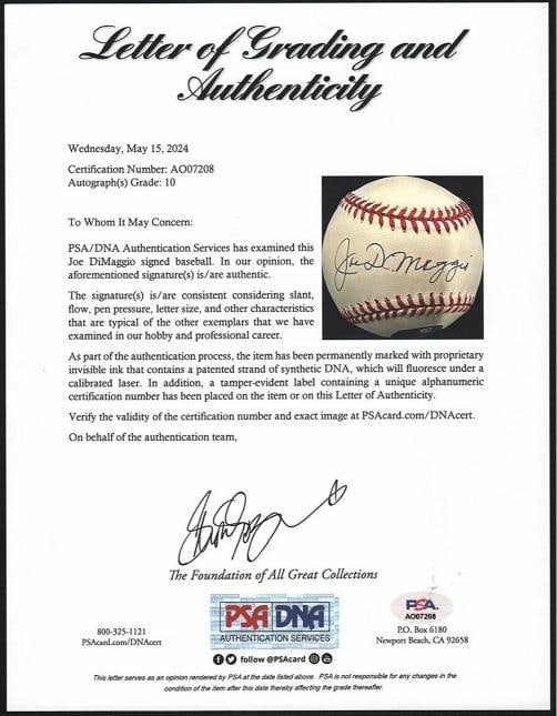 Joe Dimaggio Signed American League Baseball PSA DNA Graded 10 GEM MINT - 2