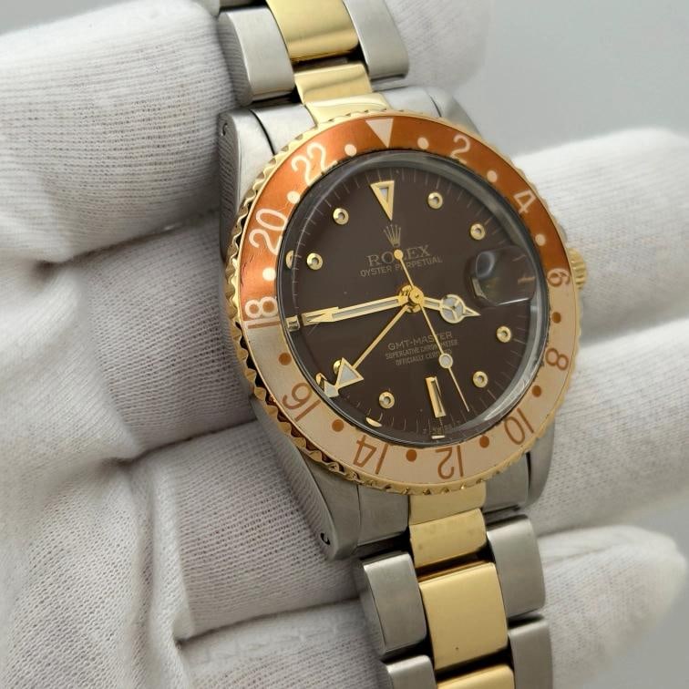 Vintage Rolex GMT Master Root Beer 16753 40mm Nipple Dial Yellow Gold Steel - 6