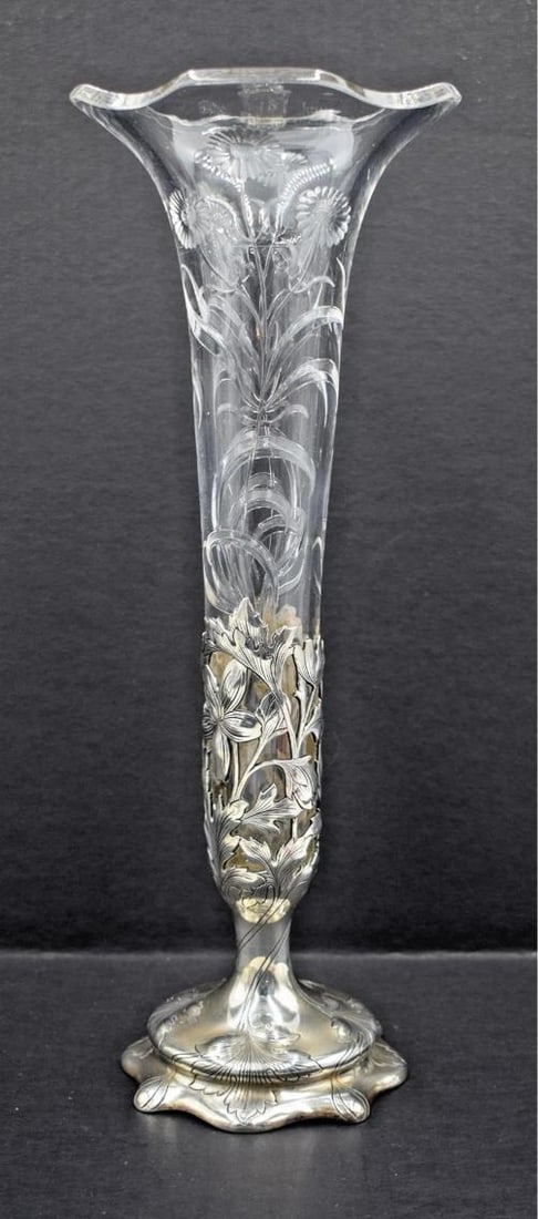 Rare Gorham Authentic Sterling Silver and Engraved Glass Vase, Circa1900: The product is a rare Gorham authentic sterling silver and engraved glass vase from circa 1900. Specifically, this vase features intricate engraving on glass set in sterling silver, making it a beauti