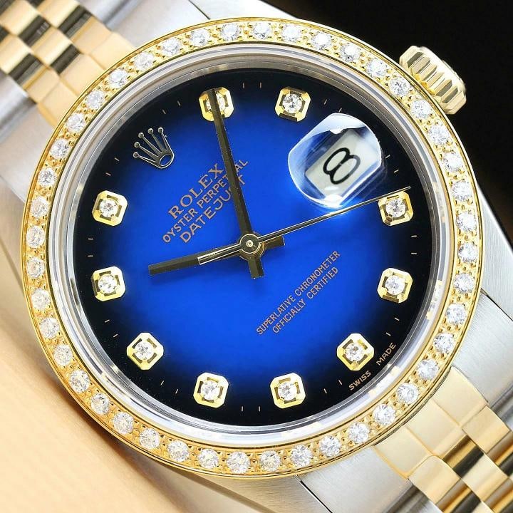 ROLEX MENS DATEJUST 16013 BLUE VIGNETTE 18K YELLOW GOLD DIAMOND STEEL WATCH (1 of 8)