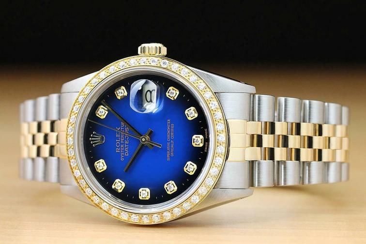 ROLEX MENS DATEJUST 16013 BLUE VIGNETTE 18K YELLOW GOLD DIAMOND STEEL WATCH - 2