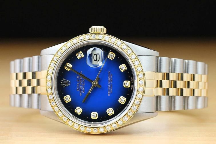 ROLEX MENS DATEJUST 16013 BLUE VIGNETTE 18K YELLOW GOLD DIAMOND STEEL WATCH - 3