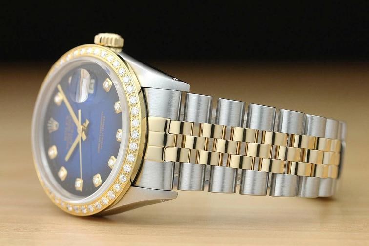 ROLEX MENS DATEJUST 16013 BLUE VIGNETTE 18K YELLOW GOLD DIAMOND STEEL WATCH - 4