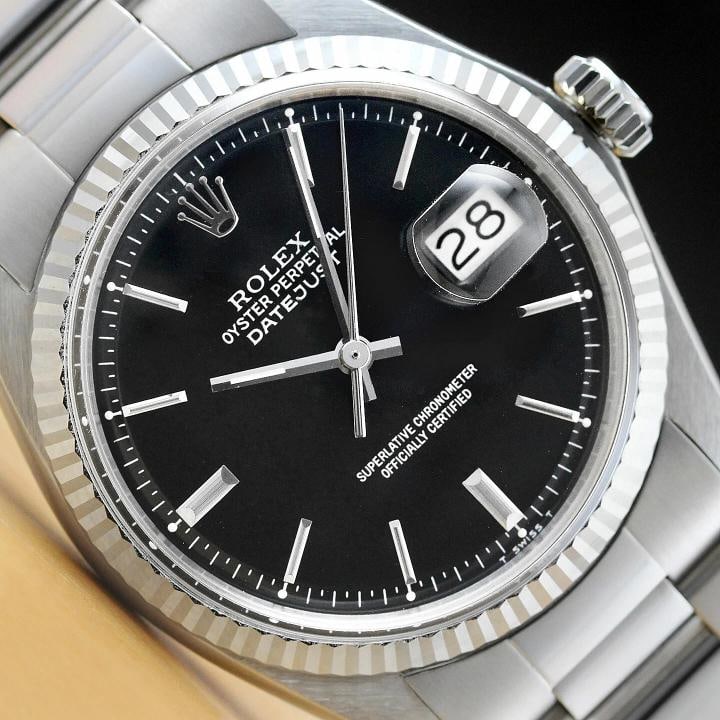 ROLEX MENS DATEJUST 1601 18K WHITE GOLD BEZEL STEEL BLACK DIAL OYSTER BAND WATCH: Condition: Pre-owned - Excellent,Bezel Color: Silver,Max Wrist Size: 7.26-7.5 in,Number of Jewels: 26 Jewels,Indices: Stick Indexes, 12-Hour Dial, Multiple Hands,Bezel: Rolex 18K White Gold Fluted