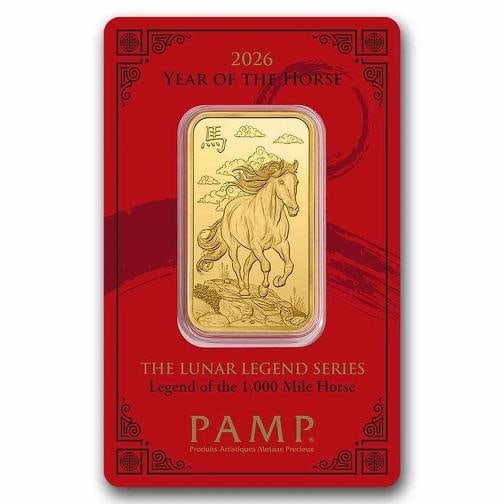 1 oz Gold Bar PAMP 2025 Year of The Horse .9999 Fine Bar In Assay Card: Composition: Gold,Shape: Bar,Year: 2026,Fineness: 0.9999,Precious Metal Content per Unit: 1 oz,Brand/Mint: Pamp Suisse,Total Precious Metal Content: 1 oz,Country of Origin: Switzerland