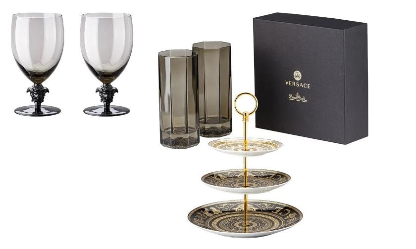 Versace Rosenthal Set 6 Pcs Red Wine Glass+6 Longdrink + Etagere 3 Pcs: Versace Rosenthal Set 13 Pcs composed of: 6 x Medusa Lumiere Haze Red Wine Glass 6 x Medusa Lumiere Haze Longdrink Etagere 3 Pcw Virtus Gala Material: Crystal & Porcelain Product Sold and Shipped in