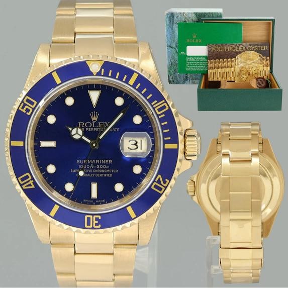 MINT Rolex 16618 Submariner Yellow Gold Blue Sunburst 40mm Watch Box: Condition: Pre-owned - Excellent,Brand: Rolex,Department: Unisex Adults,Type: Wristwatch,Model: Submariner,Reference Number: 16618,With Original Box/Packaging: Yes,With Papers: No,Customized: No,UPC: 