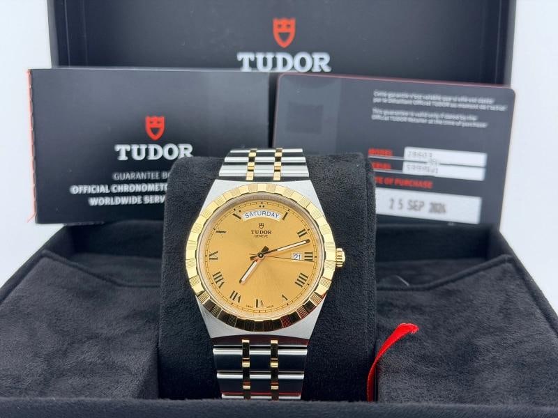 2024 Tudor Royal Day Date 28603 41mm Champagne Dial 18K Gold Steel Box Paper: Condition: Pre-owned - Excellent,Bezel Color: Gold, Yellow,Indices: Roman Numerals,Year Manufactured: 2024,Band/Strap: Bracelet,Case Color: Silver,Department: Men,Watch Shape: Round,Style: Casual,