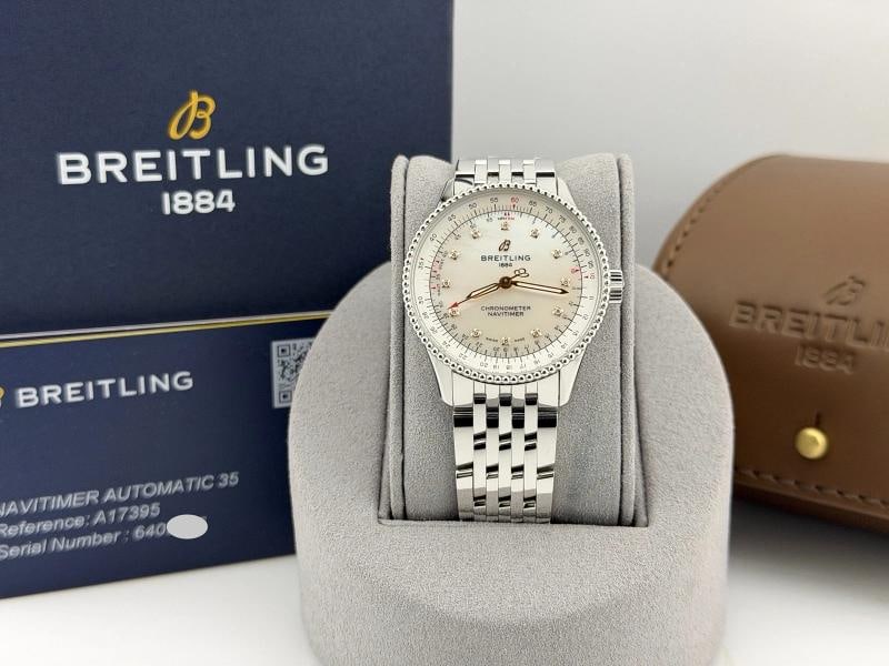 Breitling Navitimer A17395 35mm Mother of Pearl Diamond Dial Steel Box Papers: Condition: Pre-owned - Excellent,Bezel Color: Silver,Dial Pattern: Mother of Pearl,Indices: Diamond Markers,Year Manufactured: 2020-Now,Band/Strap: Bracelet,Case Color: Silver,Department: Unisex