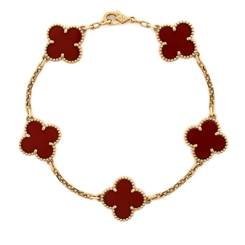 Van Cleef & Arpels Vintage Alhambra 5 Motifs Bracelet 18K Yellow Gold: Measurements: Circumference: 7.50 ", Width: 14.90 mm . Condition: Pre-owned - Good,Brand: Van Cleef & Arpels,Main Stone: Carnelian,Metal: 18K Yellow Gold,Metal Purity: 18K,Style: Bracelet,Type: Bracel
