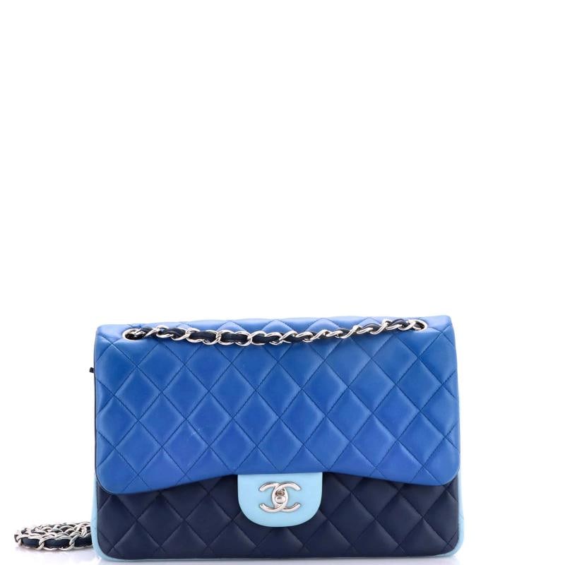 Chanel Tricolor Classic Double Flap Bag Quilted Lambskin Jumbo: Measurements: Handle Drop 13", Height 8", Width 11.5", Depth 4", Strap Drop 24" . Condition: Pre-owned - Good,Brand: Chanel,Exterior Material: Leather,Style: Shoulder Bags,Exterior Color: Blue,Departm