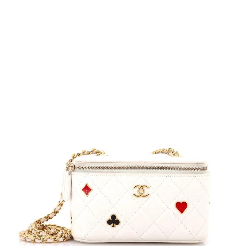 Chanel Coco Casino Vanity Case with Chain Quilted Caviar Small: Measurements: Height 4", Width 6.5", Depth 3", Strap Drop 22" . Condition: Pre-owned - Good,Brand: Chanel,Exterior Material: Leather,Style: Cosmetic Cases,Exterior Color: White,Department: Women,Size: