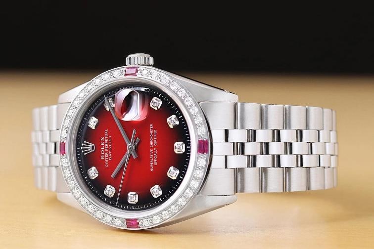 ROLEX MENS DATEJUST 18K GOLD SS DIAMOND RUBY RED VIGNETTE WATCH w/ FOLDED BAND - 2