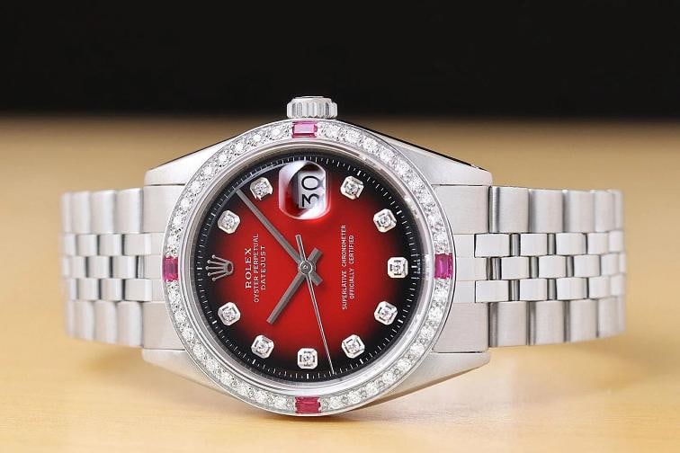 ROLEX MENS DATEJUST 18K GOLD SS DIAMOND RUBY RED VIGNETTE WATCH w/ FOLDED BAND - 3