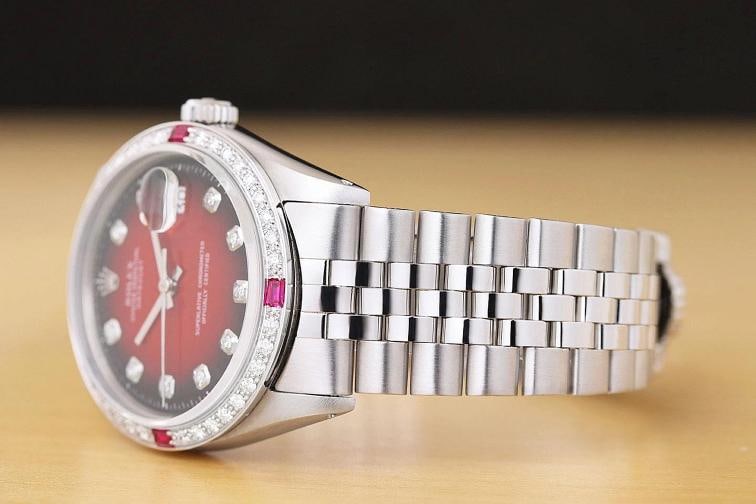 ROLEX MENS DATEJUST 18K GOLD SS DIAMOND RUBY RED VIGNETTE WATCH w/ FOLDED BAND - 4