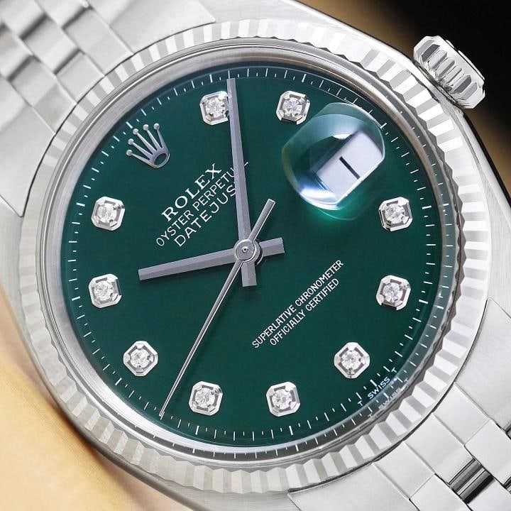ROLEX MENS DATEJUST 1601 GREEN DIAMOND 18K WHITE GOLD STEEL WATCH w/ FOLDED BAND (1 of 9)