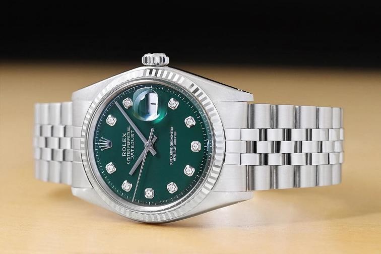 ROLEX MENS DATEJUST 1601 GREEN DIAMOND 18K WHITE GOLD STEEL WATCH w/ FOLDED BAND - 2