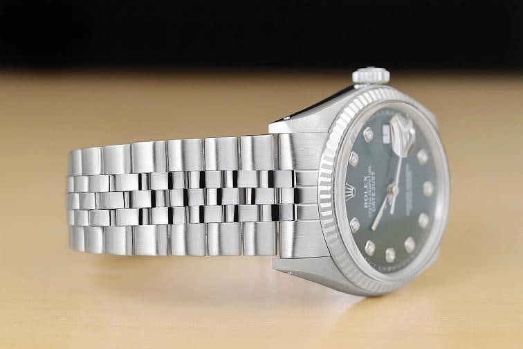 ROLEX MENS DATEJUST 1601 GREEN DIAMOND 18K WHITE GOLD STEEL WATCH w/ FOLDED BAND - 7