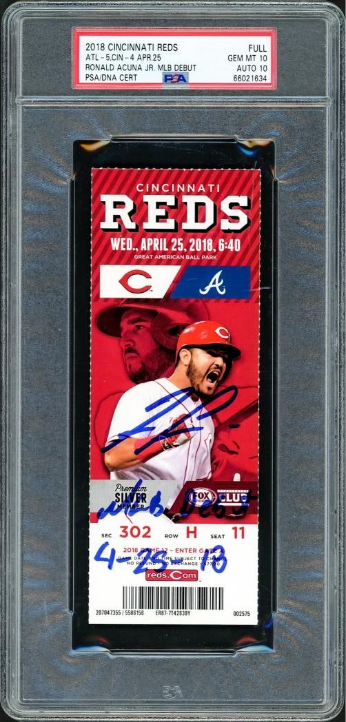 Ronald Acuna Jr. Autographed 4-25-2018 MLB Debut Full Ticket PSA 10 PSA/DNA: Team: Atlanta Braves,Sport: Baseball-MLB,Product: Ticket,Signed: Yes,Autograph Authentication: Professional Sports Authenticator (PSA),Original/Reprint: Original,Country of Origin: United States