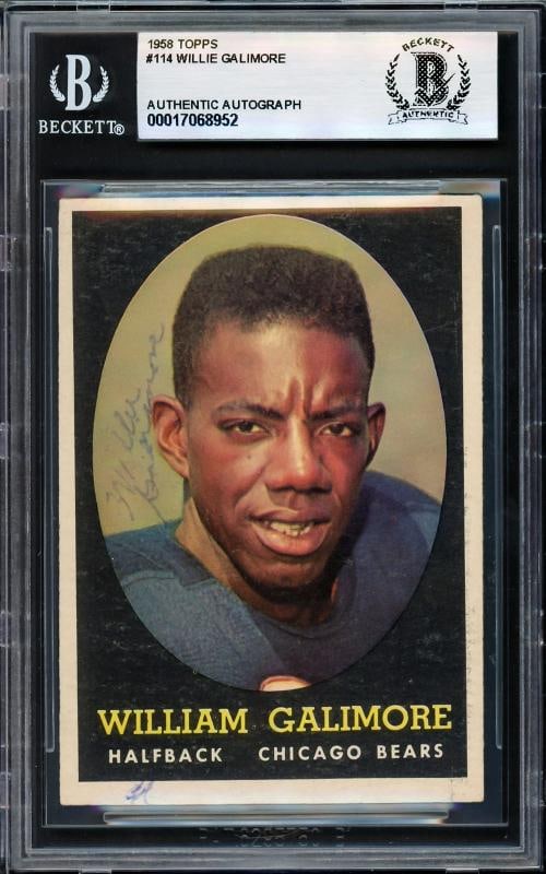 Willie Galimore Signed 1958 Topps RC 114 Chicago Bears Beckett #17068952: Condition: Ungraded - Very good: Not in original packaging or professionally graded ,Player/Athlete: Willie Galimore,Player: Willie Galimore,Team: Chicago Bears,Sport: Football,Product: