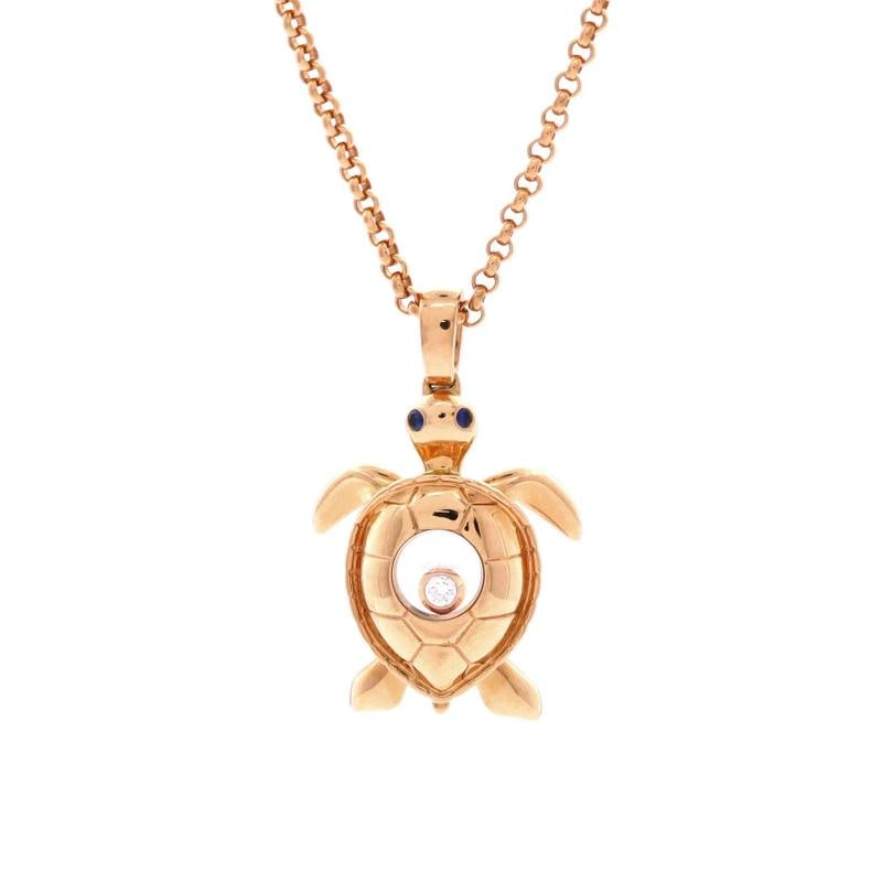 Chopard Happy Turtle Pendant Necklace 18K Rose Gold with Blue Sapphires and 1: Condition: Pre-owned - Good,Brand: Chopard,Main Stone: Sapphire, Blue,Metal: 18K Rose Gold,Metal Purity: 18K,Style: Pendant,Type: Necklace,Color: Pink,Material: Unknown