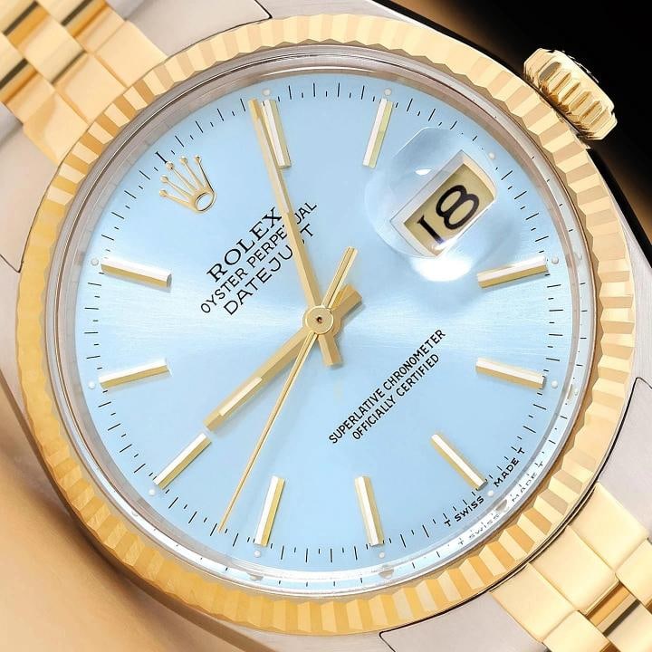ROLEX MENS DATEJUST 16013 ICEBLUE DIAL 18K YELLOW GOLD STAINLESS STEEL WATCH: Condition: Pre-owned - Excellent,Brand: Rolex,Department: Men's,Dial: Rolex Stick Dial Ref.,Bezel: Rolex 18K Yellow Gold Fluted Bezel,Features: Acrylic Crystal, Chronometer, Screwdown Crown, Swiss