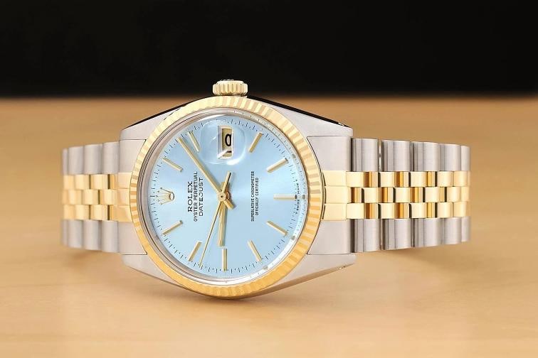 ROLEX MENS DATEJUST 16013 ICEBLUE DIAL 18K YELLOW GOLD STAINLESS STEEL WATCH - 2