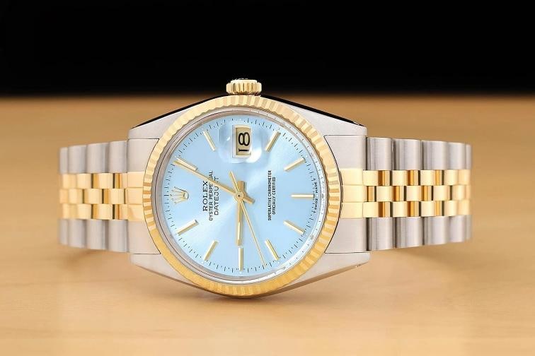ROLEX MENS DATEJUST 16013 ICEBLUE DIAL 18K YELLOW GOLD STAINLESS STEEL WATCH - 3