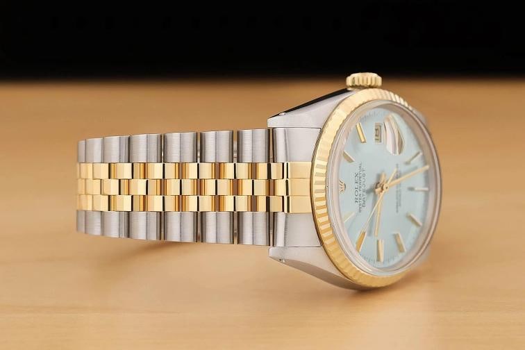 ROLEX MENS DATEJUST 16013 ICEBLUE DIAL 18K YELLOW GOLD STAINLESS STEEL WATCH - 7