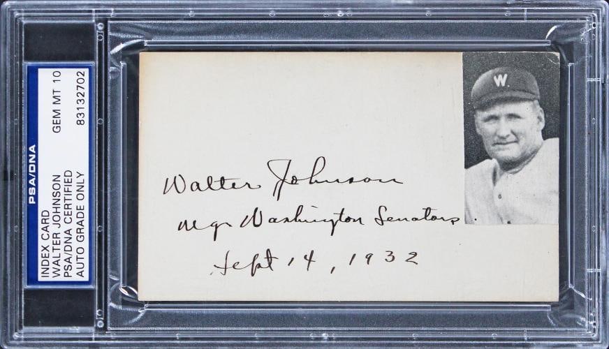 Senators Walter Johnson Signed & Inscribed 3x5 Index Card Auto 10! PSA Slabbed (1 of 2)