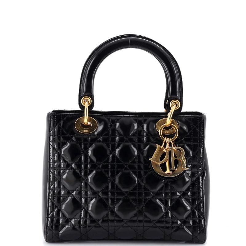 Christian Dior Vintage Lady Dior Bag Cannage Quilt Patent Medium: Condition: Pre-owned - Fair,Brand: Christian Dior,Exterior Material: Patent Leather,Style: Top Handle,Exterior Color: Black,Department: Women,Size: Medium